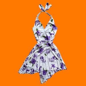 00's vintage floral mesh bodycon halter y2k asymmetrical dress S/M